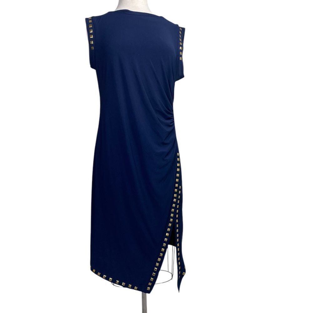 Soho L Dress dark blue with gold studs and slit up one leg ruched sides